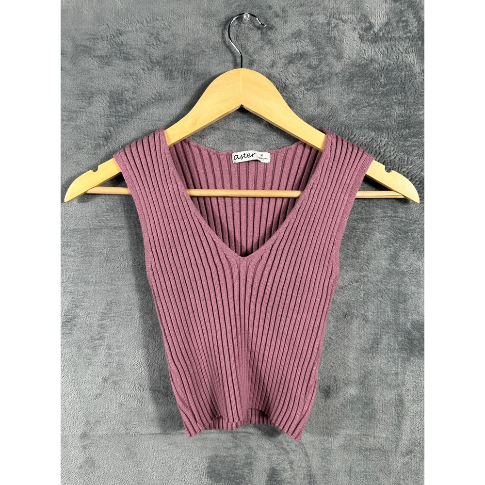 Aster Womens Ribbed Knit V Neck Crop Top Mauve Purple Sleeveless Size M